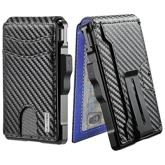Wallet for Men - with Money Clip Slim Leather Slots , Carbon Black and Blue